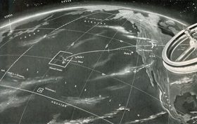 aus: Menschen zwischen den Planeten.<br>
Die Insel Maui gehört zur Gruppe der Hawai- oder Sandwich-Inseln, die 1898 den USA angegliedert und 1900 zu ihrem Besitz erklärt wurden. Maui mit dem Ort Lakaina umfaßt 1886 qkm.<br>Die Insel Maui ist Startbasis für alle Raumschiffe, von den allerersten bemannten Titan-Raketen über die Siriusschiffe bis zu den Jupiterschiffen, außerdem Versorgungsbasis für Supraterra I—IV und Sitz der SNADA: Space Navigation and Defence Academy.<br>Drei verschiedene Befehlsgruppen sind auf Maui stationiert: Gruppe I, die taktische Einsatzgruppe; Gruppe II, 'Orbit' (zu ihr gehören alle Einrichtungen, die der Versorgung, dem Unterhalt und dem Dienstwechsel von Supraterra dienen); und Gruppe III, die Bau-, Versuchs- und Entwicklungsgruppe.<br>Zu den allgemeinen, allen drei Gruppen dienenden Einrichtungen gehören die Hafenanlagen, der Tankerhafen, der Flugplatz, die Funkstation, die Kraftzentrale, die Pumpwerke und Tankanlagen für Säure und Hydrazin, Dieselöl und Flugbenzin, das terrestrische und meteorologische Observatorium, die Bibliothek, die Bildabteilung mit Bildarchiv, das Recheninstitut, die Druckerei, die Klimaanlage, das Wasserwerk, die Seewasserregenerierungsanlage, die Eisfabrik, die Montagewerke und Werke für Reparaturen, die Elektrohalle, die Bauabteilung, das Verwaltungsamt Maui, ferner die Wohnsiedlung, die Proviantmagazine, der Kraftwagenpark, das Krankenhaus, Kinos, Restaurants, Cafeterias, Casinos, Läden und Sportplätze.<br>Alle drei Gruppen unterstehen der Zentrale, einem streng bewachten Gebäude, das den Kommandoraum mit der gläsernen Erdkarte, den Gefechtsstand und die Machrichtenzentrale enthält, ferner das Kommando der Marinesicherungsdivision, das Kommando des Radarüberwachungs- und Radarsicherungsdienstes und der Strandwachen. Den Gruppen I und II dienen vornehmlich die Steuerbunker, Startgruben, Starttische, Vierfachgleisanlagen, Tankanlagen, Pumpwerke und Prüfstände.Der Gruppe II ist besonders das Astrophysikalische Institut wichtig. Der Gruppe III dienen vornehmlich die Laboratorien und Forschungsinstitute samt Werkstätten und Lehrsälen.<br>DIE CHRISTMAS-INSEL ist das größte von zehn Atollen des Stillen Ozeans, die zusammen die Sporaden Mittelpolynesiens bilden. Sie gehört zu der britischen Kolonie der Gilbert-Inseln, zu denen auch Fanning und Washington zählen. Die zehn Atolle haben zusammen eine Fläche von 668 qkm. Auf amerikanischen Karten wird die Insel als britischamerikanischer Besitz bezeichnet.<br>Die Einrichtungen auf der Christmas-Insel ähneln den Einrichtungen auf Maui. Sie dienen als Basis für die Zubringerschiffe zum Bau der Montageaußenstation, von der aus die zehn Schiffe der Marsexpedition montiert und beladen werden und von der aus sie auch starten. Die Christmas-lnsel ist somit auch Versorgungsbasis der Montageaußenstation. Während der Reise zum Mars dient die Insel mit ihren Einrichtungen als Relaisstation für den Radio- und Funkverkehr mit den Schiffen. Die Lage der Supraterra IV zu ihrer Bahnkurve entspricht auf der umstehenden Darstellung aus Gründen einer besseren zeichnerischen Wirkung nicht ganz den astrophysikalischen Notwendigkeiten.<br><br>Zeichnung: Georg Koschinski